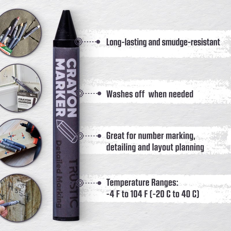 Trustic Universal Crayon Wax Marker for Industrial and Craft Detailed Marking on Lumber Metal Carton Ceramics Concrete Glass Plastic Tire 4 x 1/2", Pack of 12 (Black) - Image 2